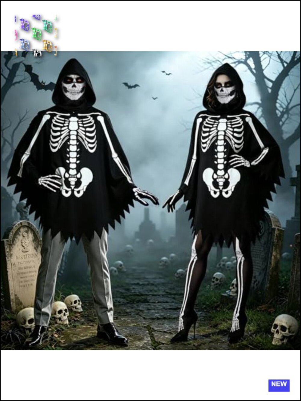 Skeleton Halloween Costume Set Women Poncho Gloves Stockings Mask - Picture 5 of 6